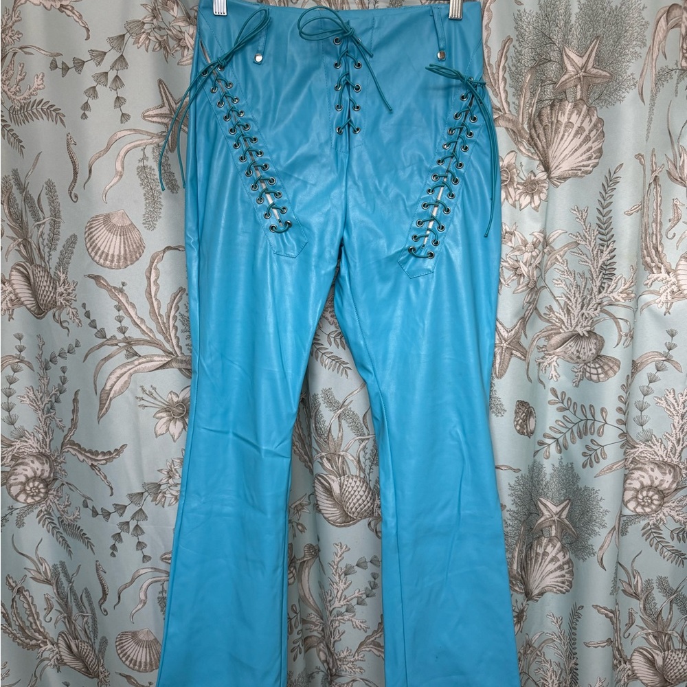 Blue Pleather Lace-Up Pants